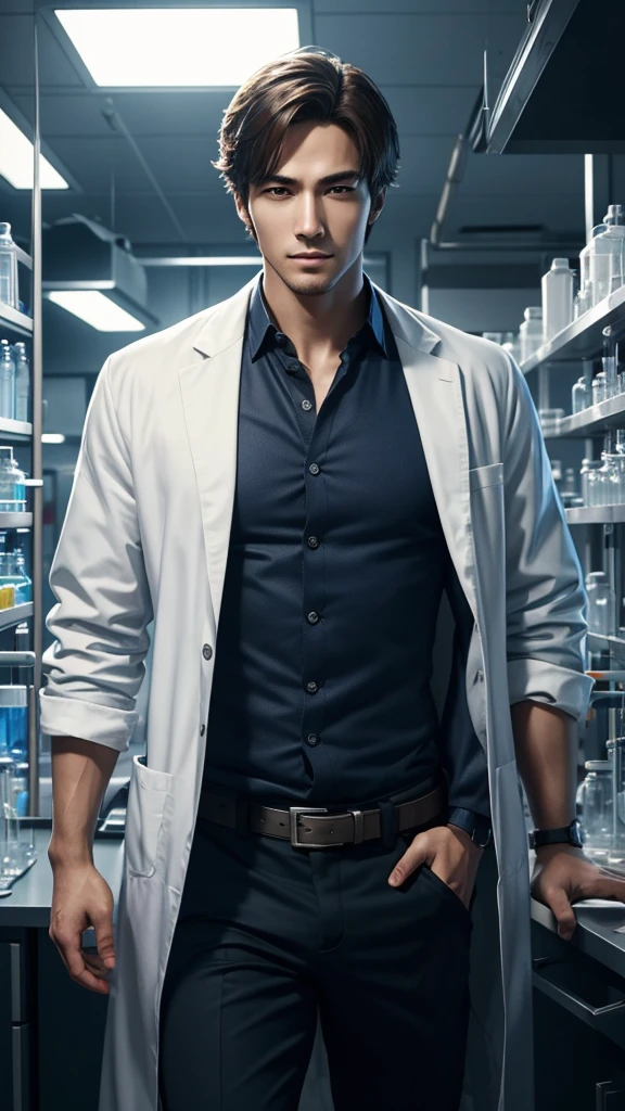 intelligent and handsome protagonist、person wearing a scientist's lab coat、solo、There are researchers、there are scientists、graduate School、upper body、highest quality、masterpiece、Super high resolution、(photoreal:1.4)、game poster