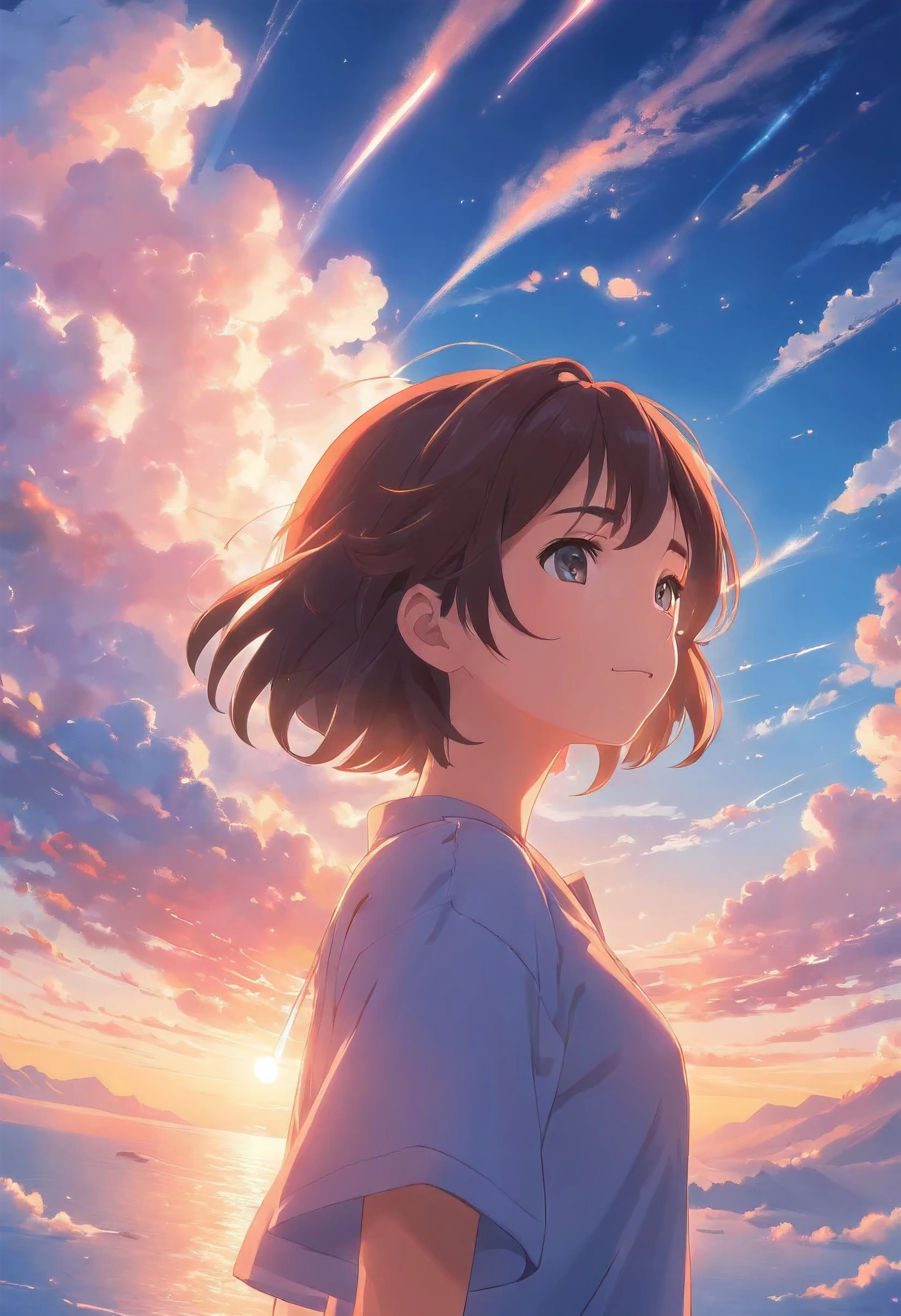 masterpiece, best quality, movie still, 1girl, cloud girl, floating in the sky, close-up, bright, happy, warm soft lighting, sunset, (sparks:0.7)