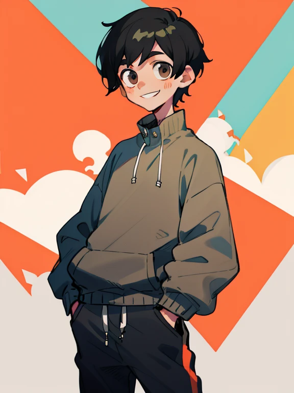 a boy,short black hair,facing the camera sideways,Wearing a gray sweatshirt（The sleeves are red）Smile，hands in pockets,Sunny and handsome