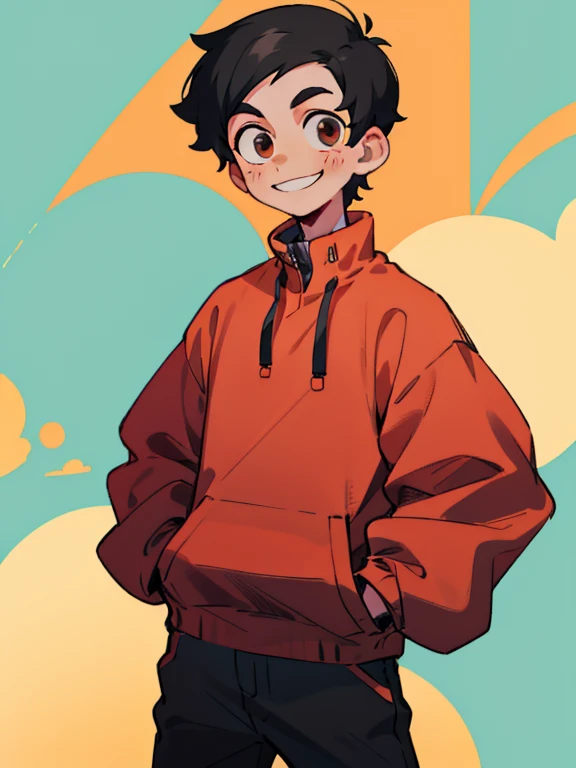 a boy,short black hair,facing the camera sideways,Wearing a gray sweatshirt（The sleeves are red）Smile，hands in pockets,Sunny and handsome