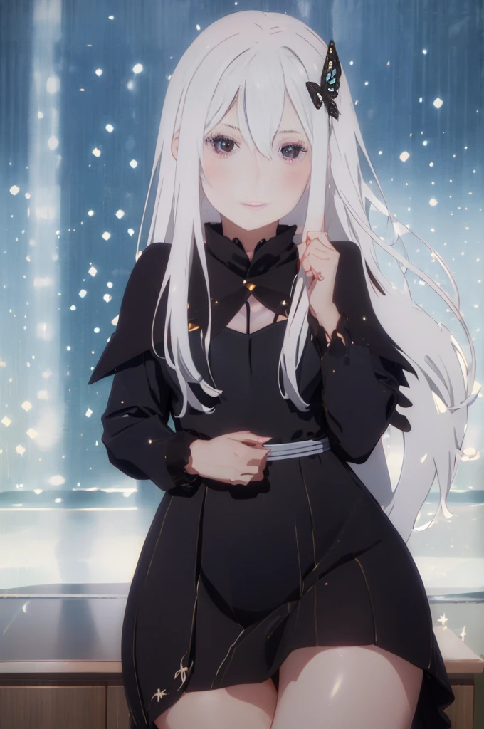 cowboy shot,笑face,blush,crossed legs,
and3/4y§¤y ̈,1 girl,alone,long hair,gray hair,very long hair,hair between eyes,colored eyelashes,bright瞳孔,purple eyes,
¥,butterfly hair ornament,black collar,black capelet,black dress,long sleeve,long dress,vertical striped dress,medium breasts,, exquisite visuals, High resolution,masterpiece,Highest quality,, 18-year-old,young woman,beautiful指,beautiful長い脚,beautiful体,beautiful鼻,beautifulキャラクターデザイン, perfect eyes, perfect face,expressive eyes,
official art,Highly detailed CG Unity 8k wallpaper, perfect lighting,colorful, bright_front_face_lit,shiny skin, 
(masterpiece:1.0),(Highest_quality:1.0), 超High resolution,4k,super detailed,
photo shoot, 8k, HDR, High resolution, disorganized:1.2, kodak portrait 400, film grain, blurred background, Bokeh:1.2, Lens flare, (lively_color:1.2), (beautiful_face:1.5),(narrow_waist), ,NSFW,