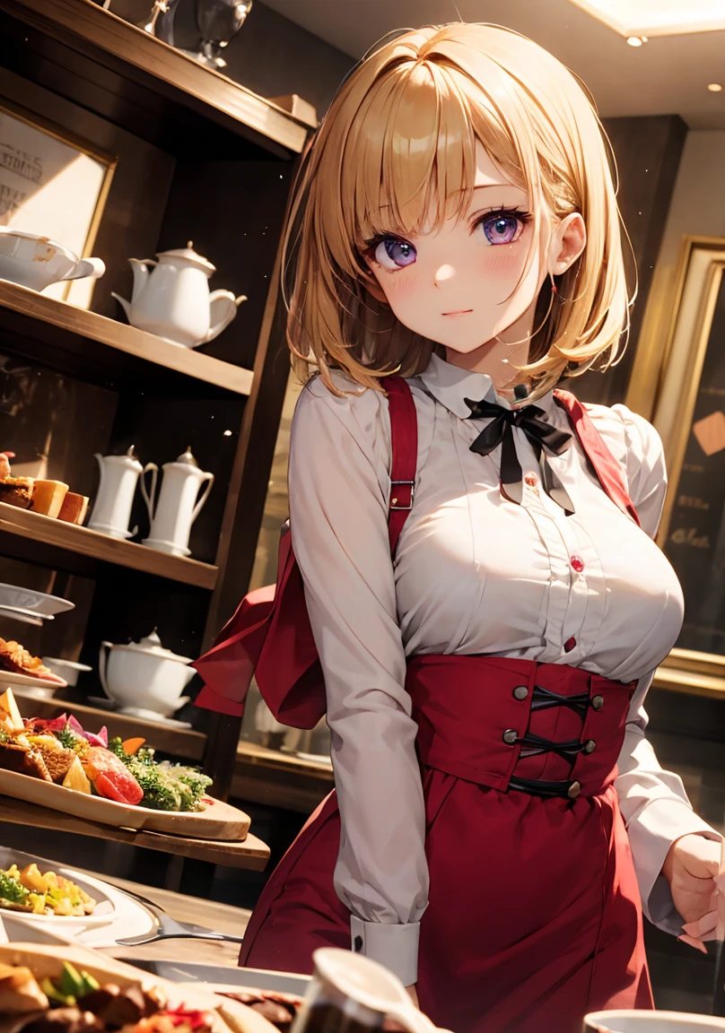 masterpiece, absurdres, best quality, ultra detailed, high Resolution, detailed illustration, extremely beautiful detailed face and eyes, bright colour, 1girl, (loli), cute face, Delicate beautiful face, magenta eyes, cute eyes, sparkling eyes, big eyes, medium breasts, (perky breasts:1.1), (pointy breasts:1.1), medium hips, glamorous body, white skin, surprise, BREAK, long bob cut, (blonde hair:0.8), messy hair, detailed hair, shiny hair, BREAK casual dress, tiny ribbon, buffet party, fine dining restaurant, Night, real world, natural lights, perfect lighting,