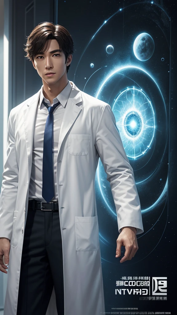 intelligent and handsome protagonist、person wearing scientist'white coat、alone、There are also researchers、There are scientists、graduate school、upper body、highest quality、masterpiece、ultra high resolution、(photoreal:1.4)、game poster