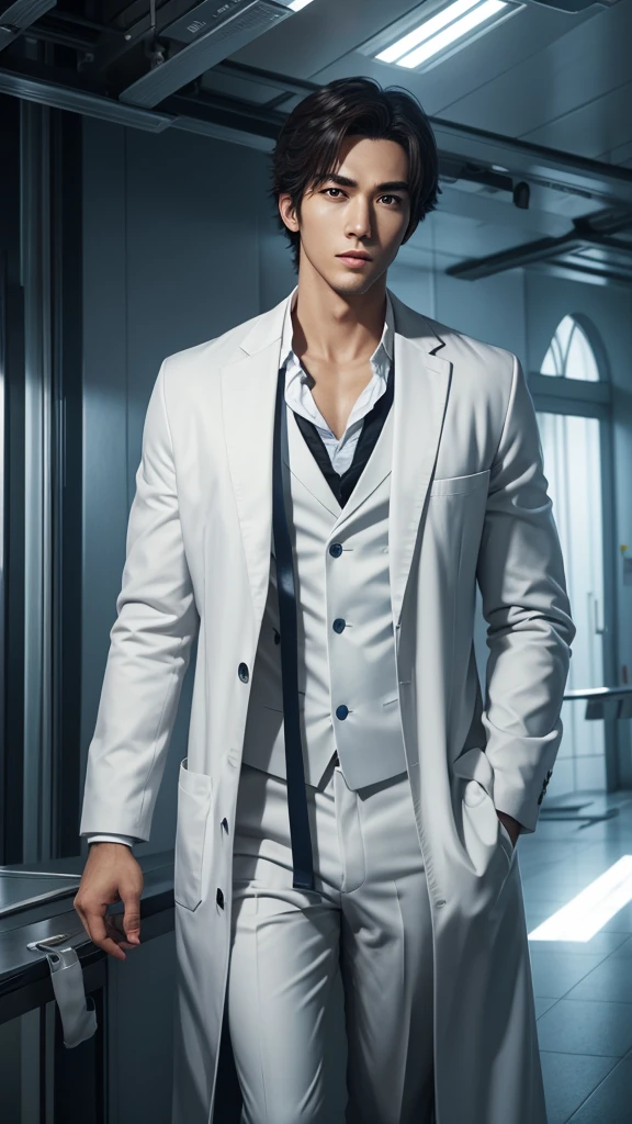 intelligent and handsome protagonist、person wearing scientist'white coat、alone、There are also researchers、There are scientists、graduate school、upper body、highest quality、masterpiece、ultra high resolution、(photoreal:1.4)、game poster