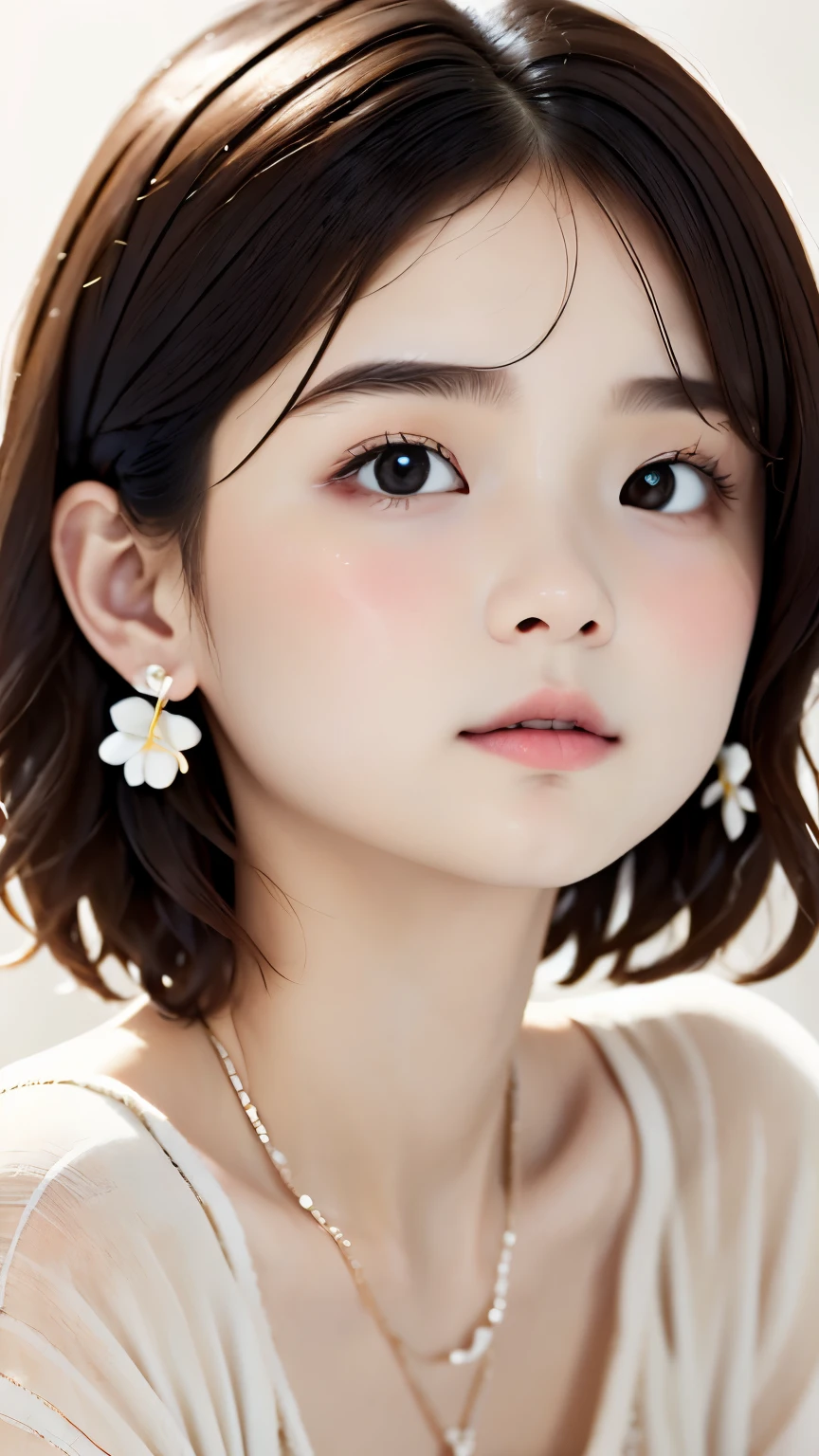 Portrait、master piece:1.3、one girl、、natural look、Very cute、brown hair、short bob、small red earrings、plump lips、no makeup、white t-shirt、focus on face、highest quality、high resolution、Super detailed、High quality、Detailed details、8k、(((blurred background、white wall、white background、a white world、flower illustration、flower illustrationの壁、壁にflower illustration、flower illustrationが描いてある壁、photography studio:1.5、cinematic lighting、professional photographer)))