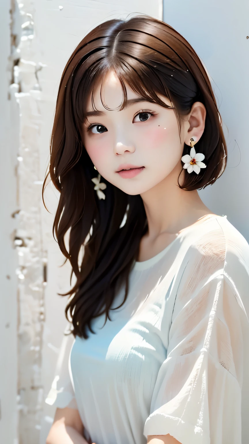 Portrait、master piece:1.3、one girl、baby face、natural look、Very cute、brown hair、short bob、small red earrings、plump lips、no makeup、white t-shirt、focus on face、highest quality、high resolution、Super detailed、High quality、Detailed details、８ｋ、(((blurred background、white wall、white background、a white world、flower illustration、flower illustrationの壁、壁にflower illustration、flower illustrationが描いてある壁、photography studio:1.5、cinematic lighting、professional photographer)))