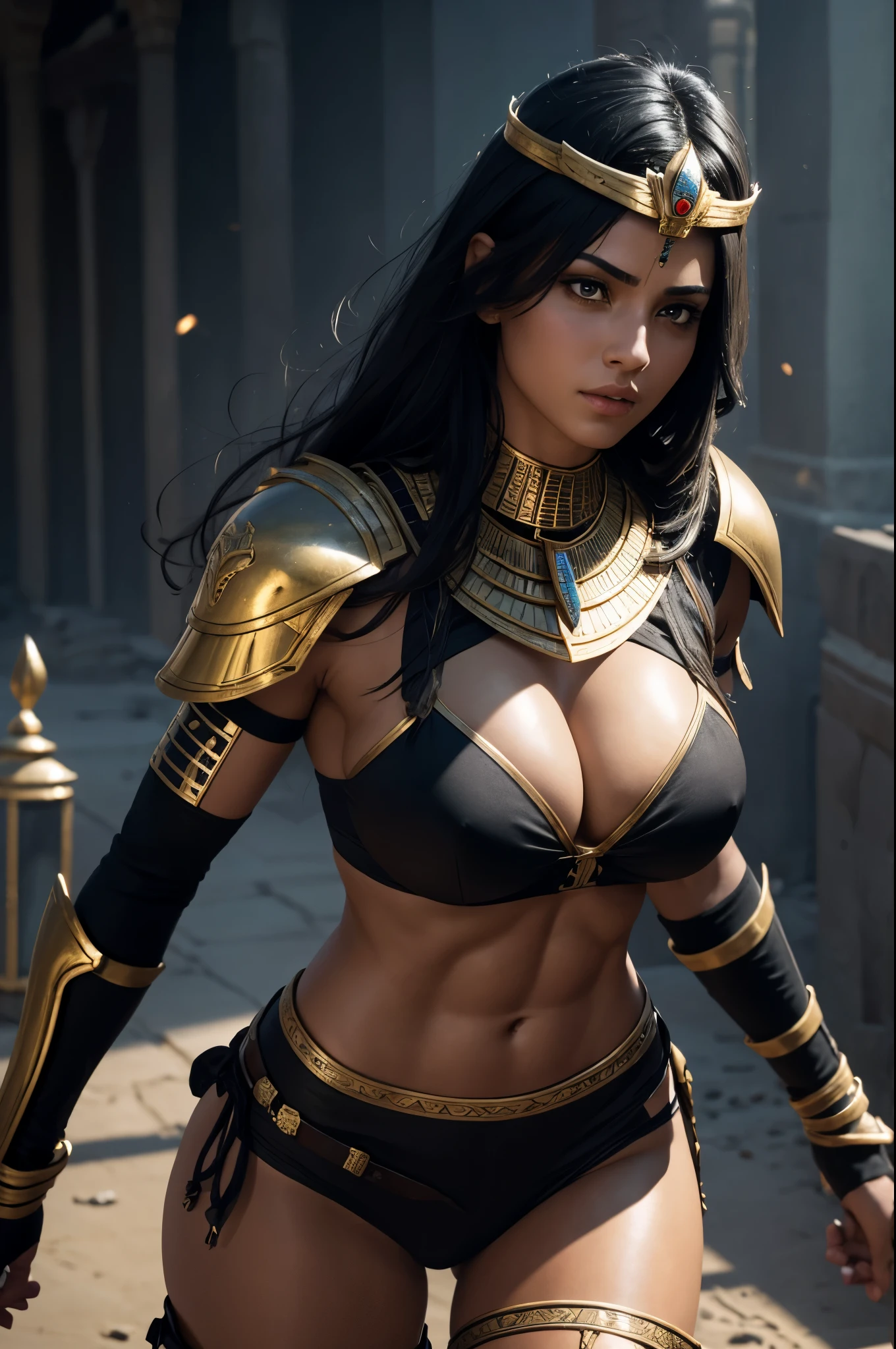 8K,Egyptian female warrior with very big breasts,Super beautiful(like the real thing),black very large chest armor,realistic skin,luxury black pants,Has a large, long black spear,red and white tattoos all over the body(most),sexy,muscular slim body,ripped abs,black shoulder armor,black waist armor,black leg armor,desert, rich colors, Backlight, cinematic lighting, film grain, RAW, 50mm lens,nikon D850,ultra high resolution,Super realistic,Egyptian goddess,battle scene,action scene,action pose,shine a light on the face,