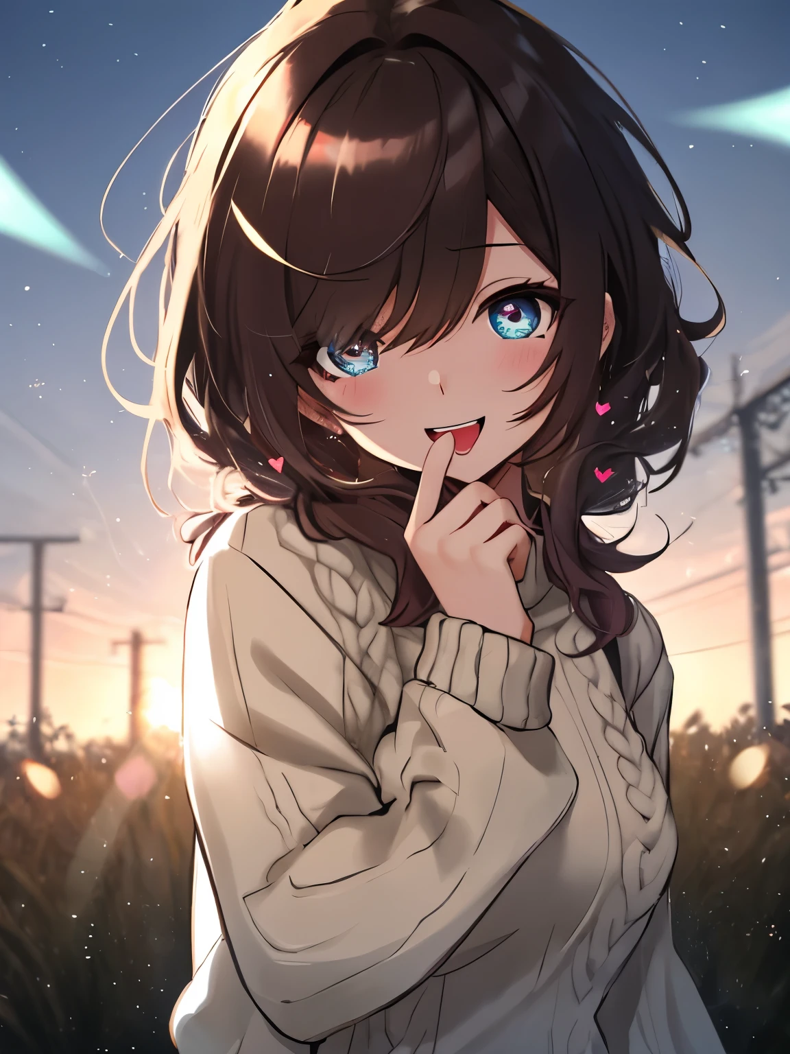 una mujer, pelo marron y largo, cozy sweater in, parte superior del cuerpo, (enorme riendo:1.1), (boca abierta:1.1), (Ojos bien abiertos:1.2), resplandor del sol, bokeh, profundidad de campo, fondo borroso, light particles, Viento fuerte, (Heart particles:1.1)