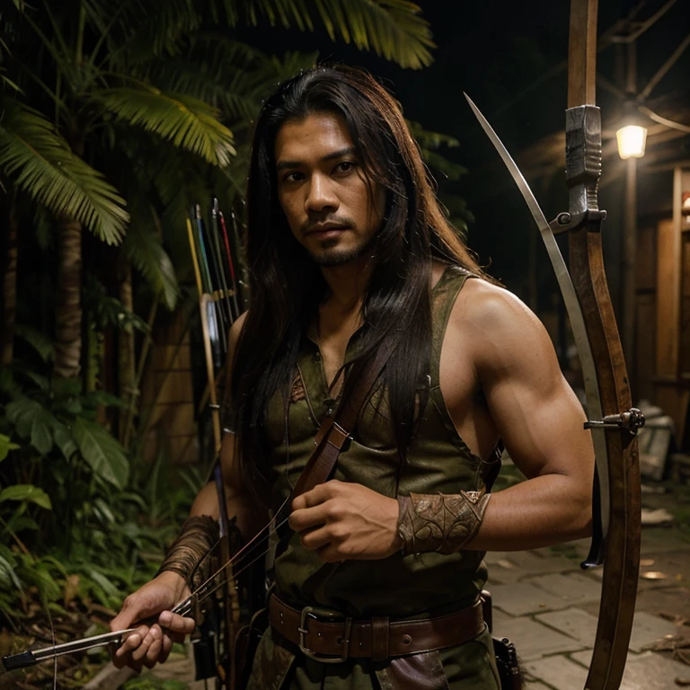 Malay men with medium long hair is hunting use crossbow like movie action