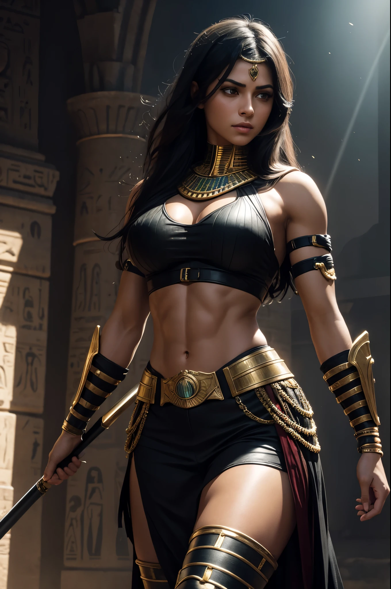 8K,Egyptian female warrior with very big breasts,Super beautiful(like the real thing),black very large chest armor,realistic skin,luxury black pants,Has a large, long black spear,red and white tattoos all over the body(most),sexy,muscular slim body,ripped abs,black shoulder armor,black waist armor,black leg armor,desert, rich colors, Backlight, cinematic lighting, film grain, RAW, 50mm lens,nikon D850,ultra high resolution,Super realistic,Egyptian goddess,battle scene,action scene,action pose,shine a light on the face,