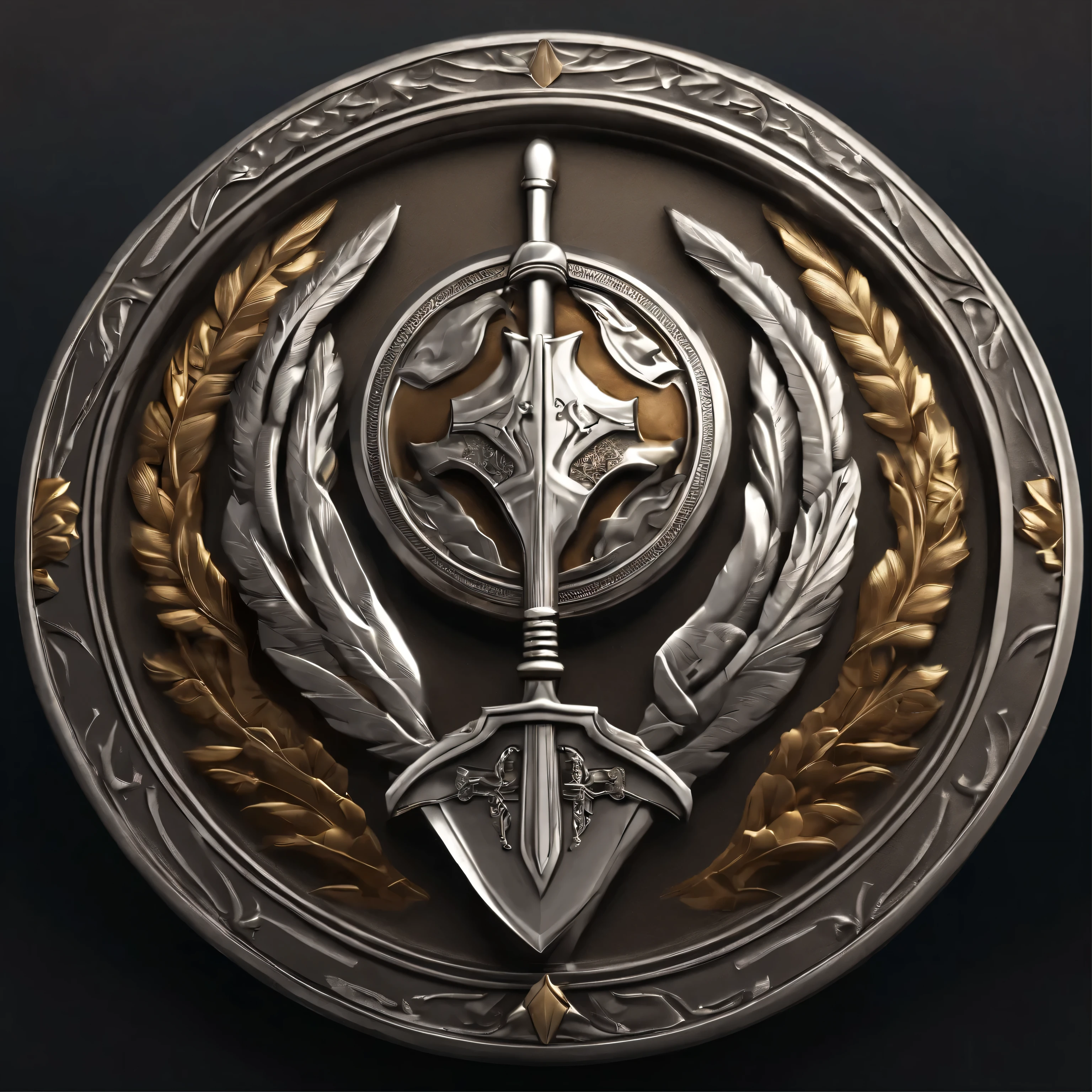 (Game achievement badge design),silver medal,Flat 2D effect,Wheat,(There a sword in the center of the medal、There an icon at the intersection of a hammer and a wrench)、sword and sorcery