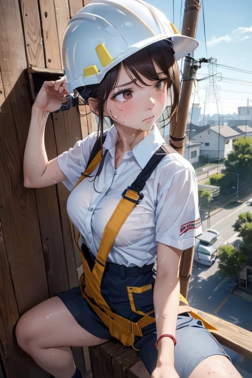 (8K), (best quality), (muste piece: 1.2)　　Climbing a round telephone pole　((sweaty)) Cute female electrician　（painful expression）((look down from a high place))　(((electrical work clothes))) (Wearing a helmet)