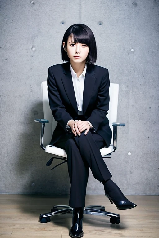 There was a woman wearing a suit sitting on a chair., girl in a suit, girl in a suit, Yoshitomo Nara, wearing a business suitいる, with short hair, kiyoko suzuki, ayamin to whom, Mayuri Shiina portrait, kaoru mori, wearing a business suit, aoi ogata take off suit