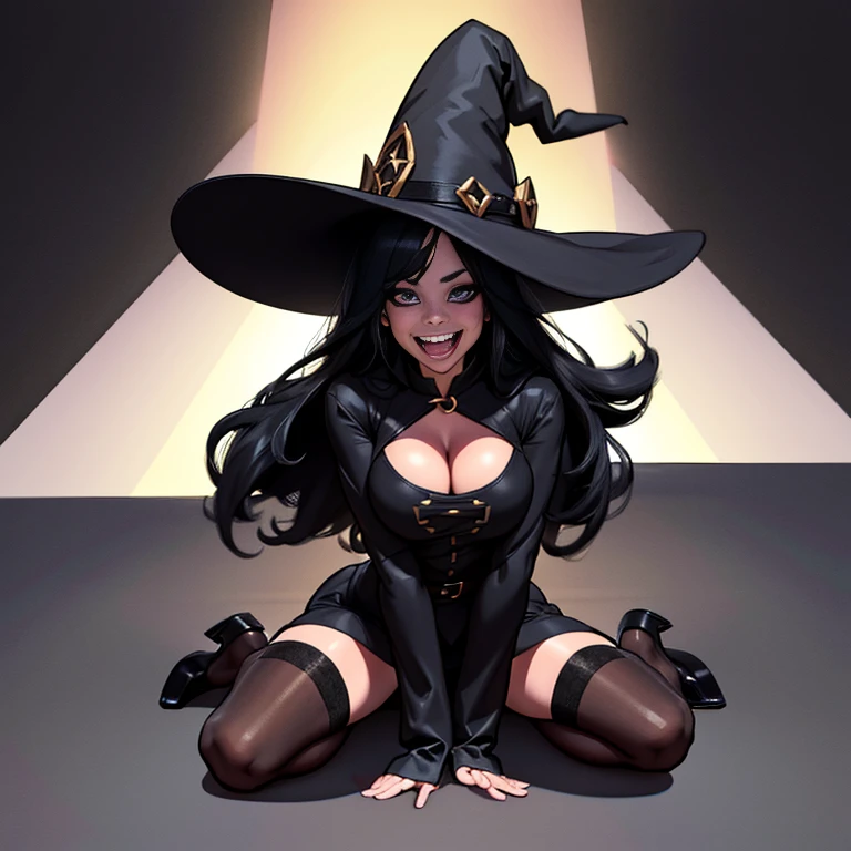 1girl as witch,(official clothing: 1.4),Beautiful,Looking at the camera,big eye,Laughing,Raise cheeks,black witch hat, light black clothes, shortstackbt,Clothes with open chest,stockings,