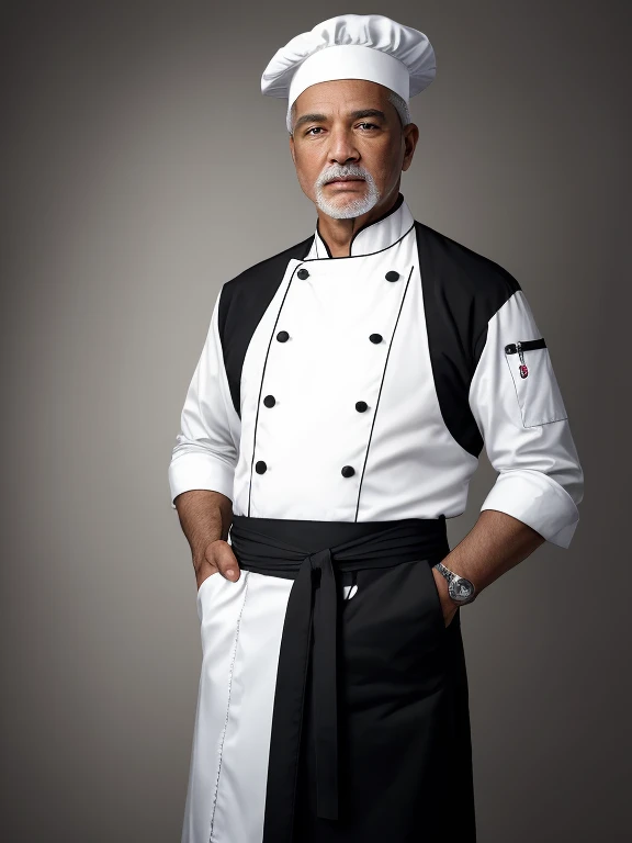 The black-and-white image features a strikingly handsome 60-year-old male chef with well-defined light green eyes, facing directly forward. He wears a chef's uniform predominantly black with white details along the edges and white buttons. Tied around the waist is a checkered apron, and atop the head is a tall, traditional, checkered chef's hat. The intricate details of the subject are highlighted against an all-white gastronomic background, captured in an intricate 8K resolution.