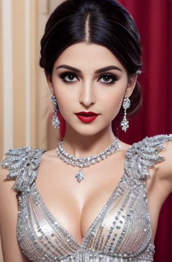 Lebanese woman, diamond dangling earrings, necklace, bracelets, small breasts, 40 years old, smokey eyes, cleavages, red lips, innocent face, fashion ball gown, stylish hairstyle, posing, modeling, arms raised