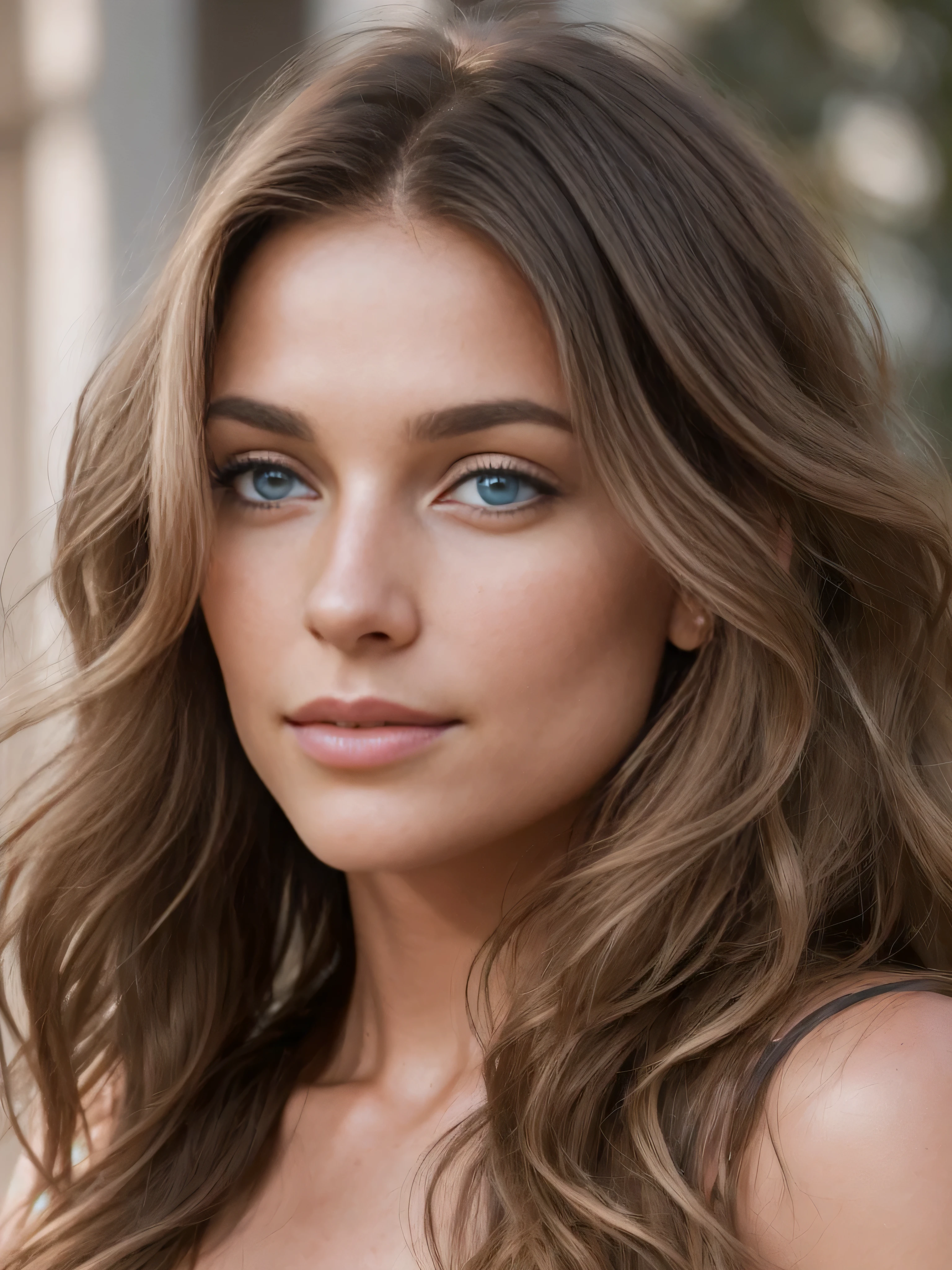 Generate a portrait photo of a beautiful 30 y.o. brown wavy long haired female that achieves undoubted photorealism, rule of thirds, realistic perfect face,The tanned skin have a complex texture map that includes pores, moles, fine lines, and slight variations in pigmentation, with a multiscale roughness map to simulate varying levels of shininess and matte across the face. Implement advanced subsurface scattering techniques to emulate the semi-translucent property of skin with irregular diffusion, especially around the nose and ears. Render the hair with a physics-based simulation that reflects the natural grouping and adhesion of strands, varying in transparency and glossiness. The blue eyes have a deep-set look, with a multi-layered iris texture that includes fine fibrous details and an irregular, non-uniform catchlight reflecting a realistic light environment. Include micro-veins in the sclera with subtle color gradients to mimic the natural variance in human eyes. Ensure facial symmetry is not absolute, introducing micro-variations in the position and scale of features to reflect the natural asymmetry of a real human face. The lips have a detailed texture map that defines dry versus moist areas,causing light to scatter differently across them.Employ a dynamic range lighting setup that casts defined but soft-edged shadows to sculpt the facial features, using a combination of a strong key light and a softer fill light to create a realistic interplay of light and shadow. Include ambient occlusion particularly in areas where the hair casts a shadow on the forehead, and where the neck meets the jaw. The final render should incorporate environmental lighting effects, reflecting subtle colors from the surroundings onto the skin, and should be free from any noise or rendering artifacts. Capture this with the precision of a full-frame sensor camera, through an 85mm prime lens set at f/2.0 for a shallow depth of field,rendering a softly blurred background