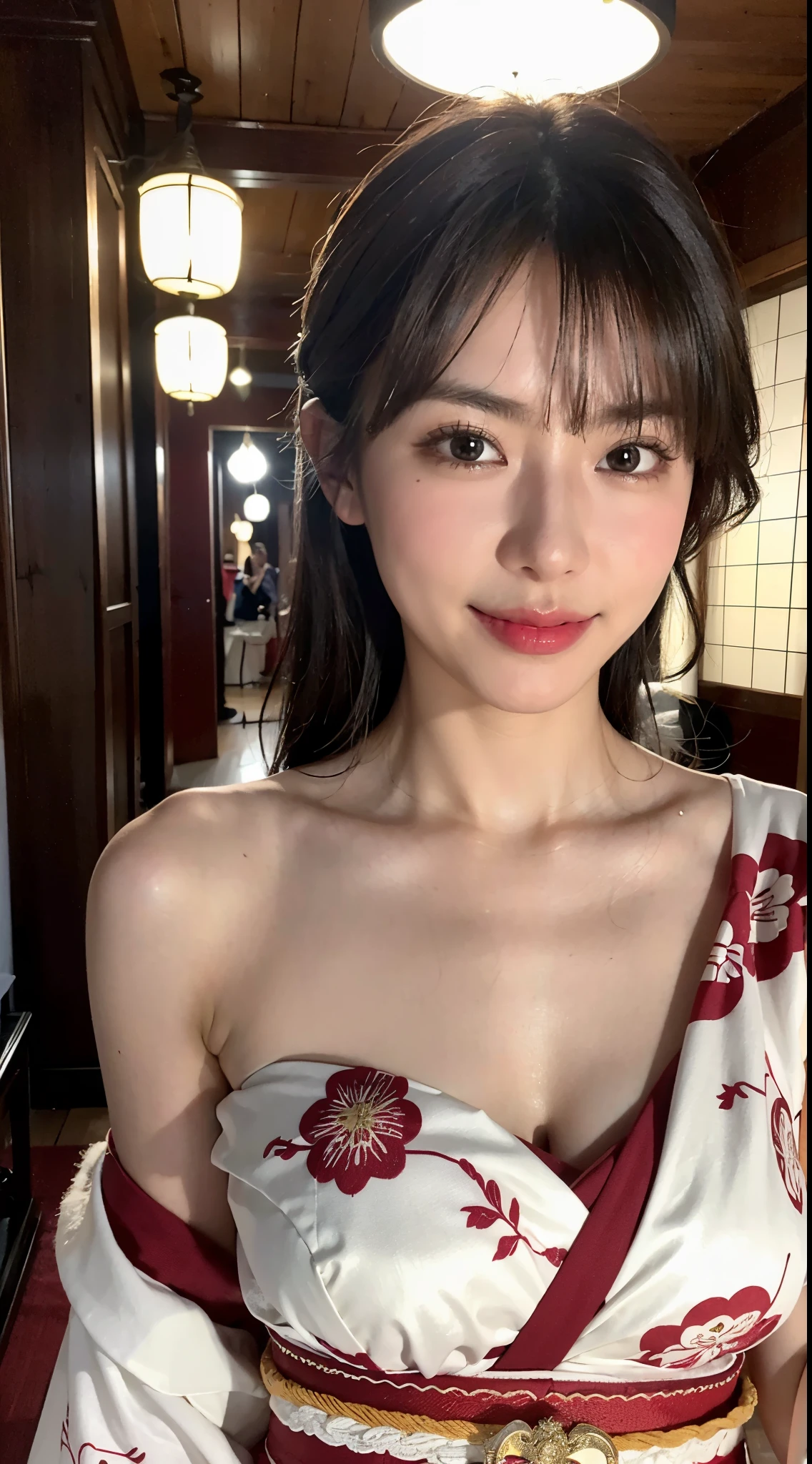 face  :9,4148934626], Bewitching beautiful mature woman、40 years、stature　154cm、well-proportioned figure、(Very loving smile:1.2), The figure of the hourglass、Japan in a yukata、Yukata at Japan Ryokan、Shoulder out、鎖骨、model in Japan、Japan sexy woman, Gorgeous Japan Woman, goddess of Japan, A smile、Raw photo, (in 8K、top-quality、​masterpiece:1.2)、(intricate detailes:1.4)、(Photorealsitic:1.4)、octane renderings、Complex 3D rendering ultra detail, studio lights, Rim Lights, vibrant detail, super detailing, realistic skin textures, Detail Face, Beautiful detail eyes, Very detailed CG Unity 16k wallpaper, make - up, (detailedbackground:1.2),　shinny skin、