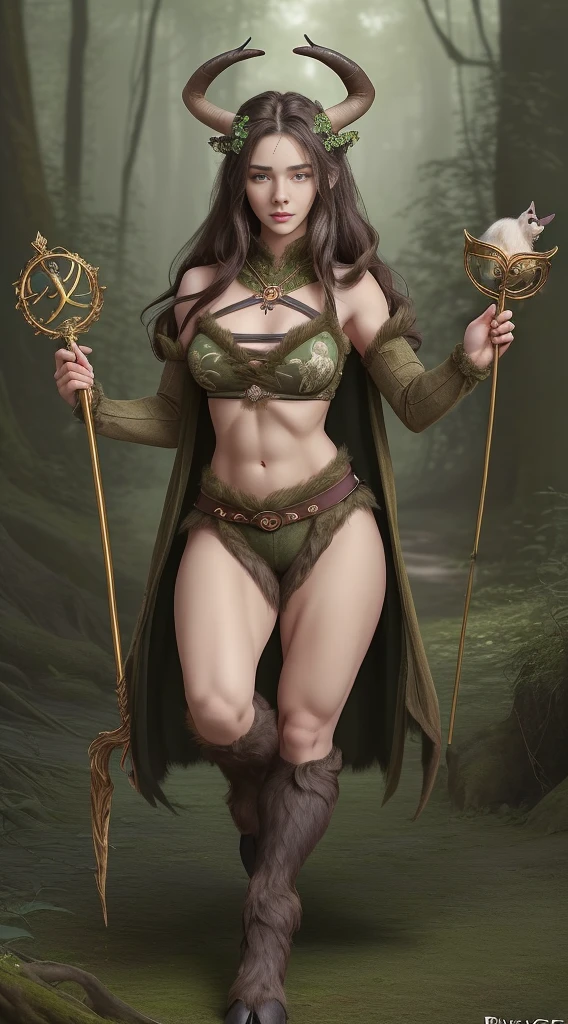 masterpiece, highly-detailed, hyper realistic, full-body shot of a small beautiful druid female on a tree in the middle of the forest, perfect face features, deer-like hin nose, thick kissable parted lips, expressive (glowing green eyes:0.7) with sad look, pointy ears, curly ginger hair, stag horns, perfect (small size:0.6)) body shape (curvy and fit:0.5), (hooved feet), (Deer-like feet:0,3). body coverd in tattoo , floral tattoo