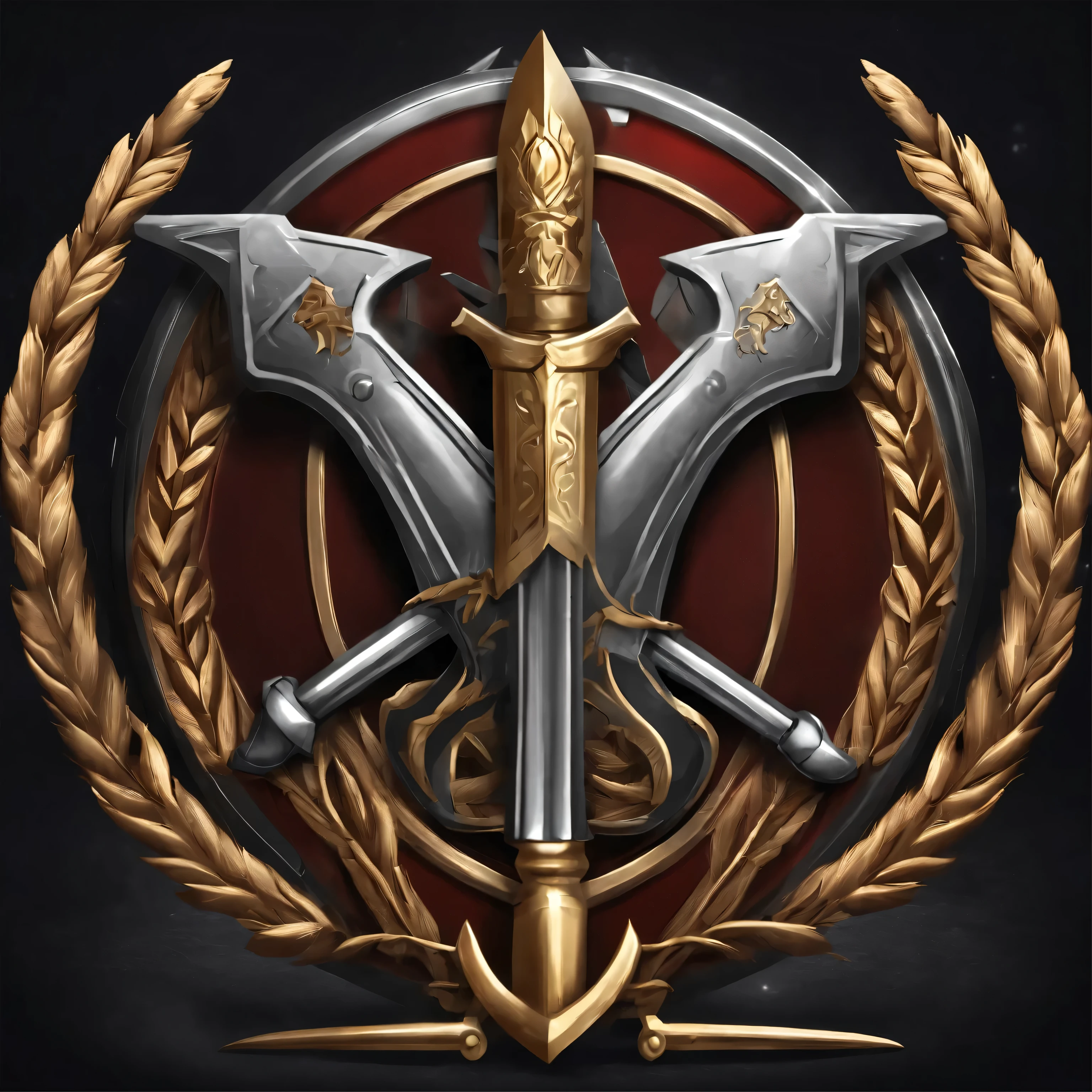 （Game achievement badge design），silver medal，Flat 2D effect，Wheat，(There  a sword in the center of the medal、There  an icon at the intersection of a hammer and a wrench)、sword and sorcery