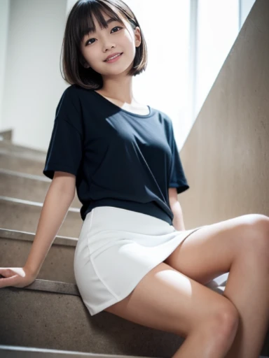 muste piece, Top quality, 8K, 15 years old, japanese girl, slender, Raw photo, absurd, award-winning portraits, (detailed face, shy smile), solo,navy blue sports mini dress, short sleeve, idol face, super mini skirt, slim legs, shoes, whole body shot from the bottom of the stairs, whole body shot from a Low - Angle, detailed face), refreshing shy smile, slender girl, Golden short-cut hair, dark eyes, whole body, digital single lens reflex, look at the viewer, Frank, sophisticated, like々New, perfect whole body balance, (Low - Angle), professional lighting, (Eye and face details: 1.0), (It's blurry: 1.1)