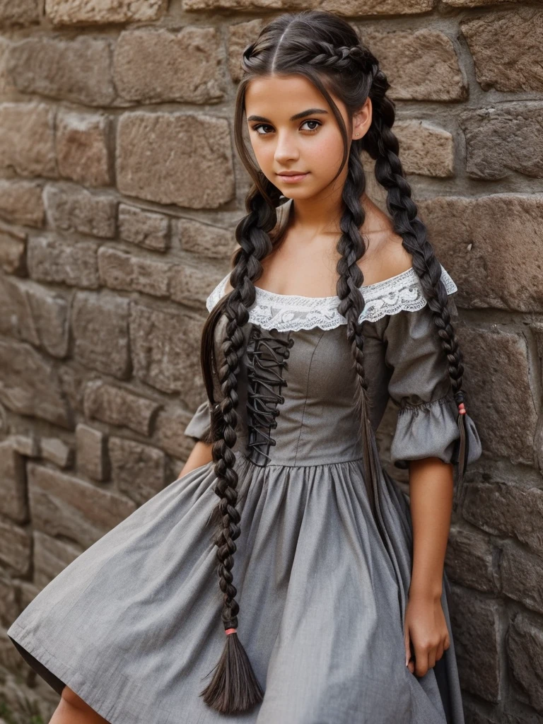 Female, Teen, Olive Skin, Grey Eyes, Long Black French Braided Hair, Medieval Dress