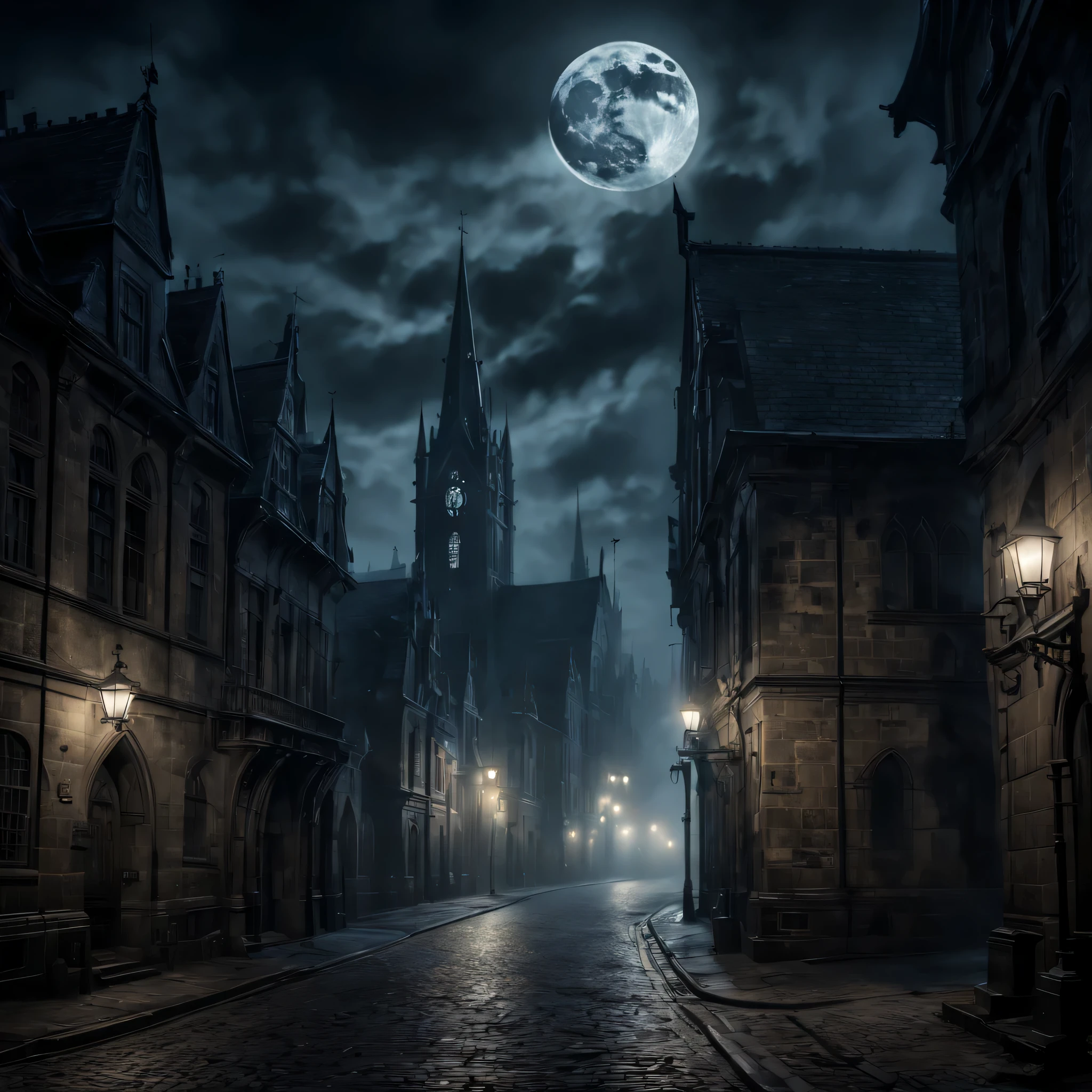 (masterpiece), super detail, best quality, ultra high res, highres, 8k, UHD, HDR, art by mooncryptowow, night view, city, spooky, darkness, In the eerie embrace of the night, a spooky cityscape emerges, shrouded in mist and shadow. The dim glow of streetlights casts long, haunting shadows across the cobblestone streets, while the silhouettes of gothic architecture loom ominously against the moonlit sky. The dynamic structure  evident as the cityscape interacts with the ... haunting atmosphere, creating a visually captivating and chilling scene that evokes a sense of mystery and foreboding.
