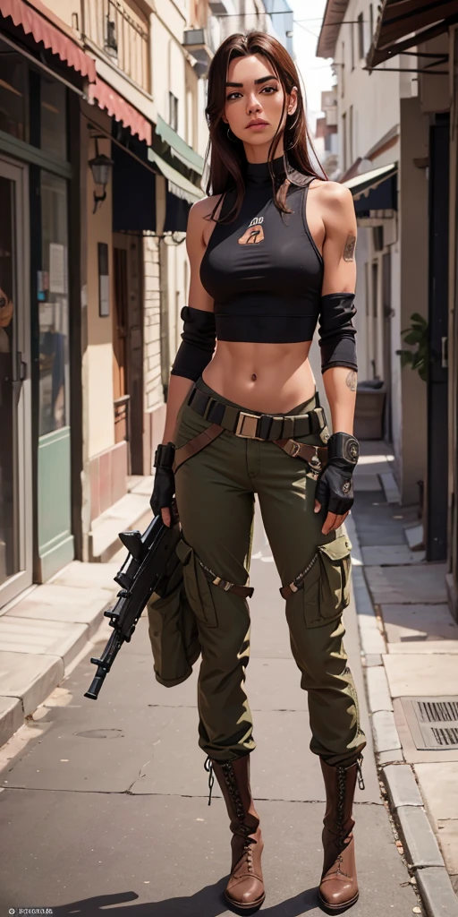 hermosa mujer soldado razgos de medio oriente cabello ????? muy corto estilo militar, ojos cafe, brazos muy hypertrofiados, manos roboticas y cuerpo muscular, hombros al descubierto, tank top apretado color grisaseo gran escote, pantalones militares camuflaje color grisaceo, cinturon con municion, lleva un rifle de francotirador estilo sovietico, botas militares largas negras, fondo de la imagen, ciudad de medio oriente en llamas, ultra realistic, ultra detailed, ultra detailed, hyperrealistic, 4k, ultra detailed image, realistic, highly detailed, perfect composition, beautiful detailed intricate insanely detailed, 8k artistic photography, hyper detailed, Masterpiece
peliroja