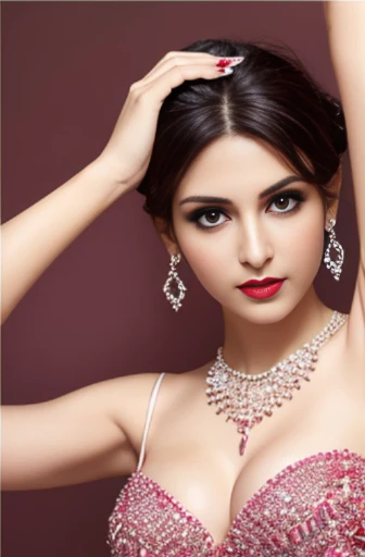 Lebanese woman, diamond dangling earrings, necklace, bracelets, small breasts, 40 years old, smokey eyes, cleavages, red lips, innocent face, pink fashion ball gown, stylish hairstyle, posing, modeling, arms raised
