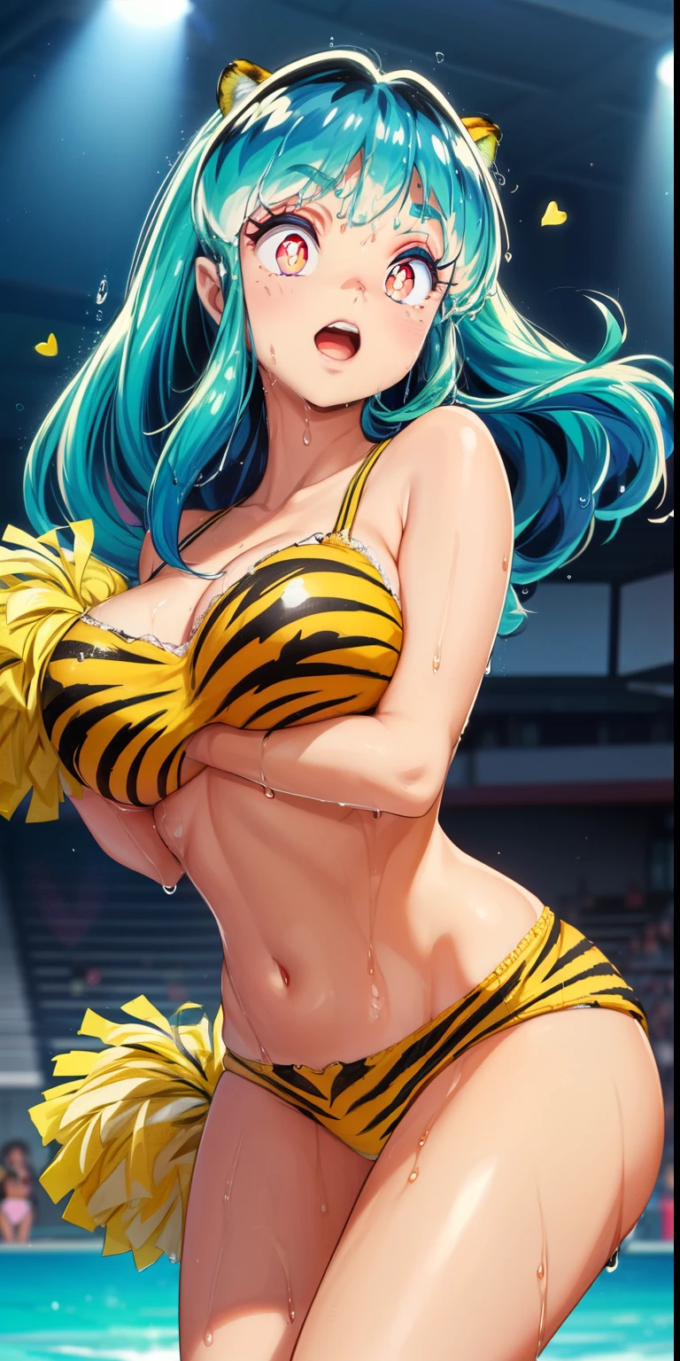 ram invader, detailed breasts, anime dick, (tiger print cheerleader: 1.2), （white panties:1.4）,muste piece, best quality, open mouth, tooth, ultra-detailed breasts, Yellow eyes, cute eyes, detailed face, a cute girl, big chest, red face, (wet with water: 1.2), Generally poor breasts, areola slip, (Position where panties are visible:1.5), (beautiful breasts: 1.2), (with a bright light source: 1.2), (heart shaped pupils opening their clothes: 1.5)