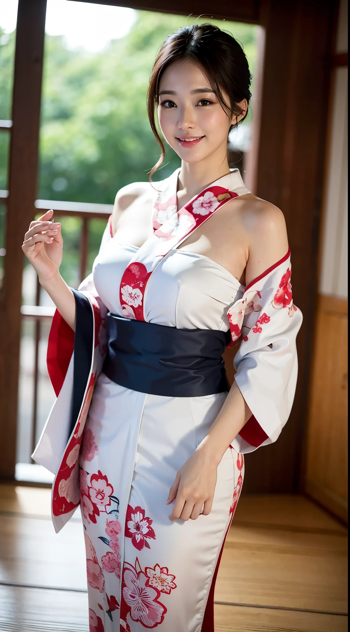 face  :9,4148934626], Bewitching beautiful mature woman、40 years、stature　154cm、well-proportioned figure、(Very loving smile:1.2), The figure of the hourglass、Japan in a yukata、Yukata at Japan Ryokan、Shoulder out、鎖骨、model in Japan、Japan sexy woman, Gorgeous Japan Woman, goddess of Japan, A smile、Raw photo, (in 8K、top-quality、​masterpiece:1.2)、(intricate detailes:1.4)、(Photorealsitic:1.4)、octane renderings、Complex 3D rendering ultra detail, studio lights, Rim Lights, vibrant detail, super detailing, realistic skin textures, Detail Face, Beautiful detail eyes, Very detailed CG Unity 16k wallpaper, make - up, (detailedbackground:1.2),　shinny skin、