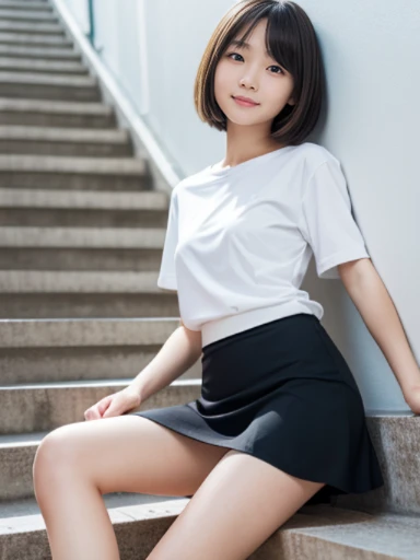 muste piece, Top quality, 8K, , japanese girl, slender, Raw photo, absurd, award-winning portraits, (detailed face, shy smile), solo, Transparent white T-shirt made of very thin material、 sailor uniform, short sleeve, idol face, super mini skirt, Black pantyhose, slim legs, shoes,  whole body shot from the bottom of the stairs, whole body shot from a Low - Angle, detailed face), refreshing shy smile, slender girl, Golden short-cut hair, dark eyes, whole body, digital single lens reflex, look at the viewer, Frank, sophisticated, like々New, perfect whole body balance, (Low - Angle), professional lighting, (Eye and face details: 1.0), (It&#39;s blurry: 1.1)