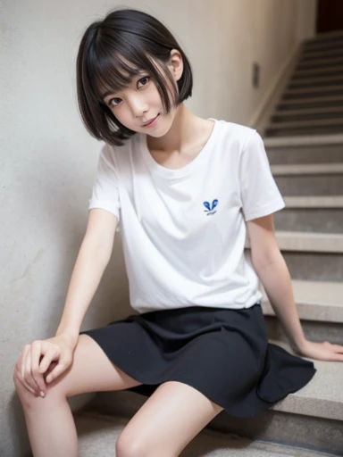 muste piece, Top quality, 8K, 15 years old, japanese girl, slender, Raw photo, absurd, award-winning portraits, (detailed face, shy smile), solo, Transparent white T-shirt made of very thin material、 sailor uniform, short sleeve, idol face, super mini skirt, Black pantyhose, slim legs, shoes, whole body shot from the bottom of the stairs, whole body shot from a Low - Angle, detailed face), refreshing shy smile, slender girl, Golden short-cut hair, dark eyes, whole body, digital single lens reflex, look at the viewer, Frank, sophisticated, like々New, perfect whole body balance, (Low - Angle), professional lighting, (Eye and face details: 1.0), (It's blurry: 1.1)