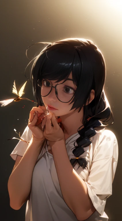 (NSFW, (((debris flies, highest quality, realistic))), (shiny skin), (nffsw, 8k wallpaper, High resolution), perfect anatomy, cinematic lighting, Physically based rendering, Awards, highly detailed skin, highly detailed face, Beautiful eyes in every detail, Carl Zeiss 85mm F/1.4, highest quality、hanekawa tsubasa、Glassesの攻撃、black hair、Braided hair without breasts, brown eyes, round face), (blush your nose, Body shot with half-open eyes]、Glasses、head to toe shot、black hair、tighten your chest...、lifted by a rope、あいNo modification、uncut、20+、Ahegao、Overflowing love juice、No modification、pink nipples、