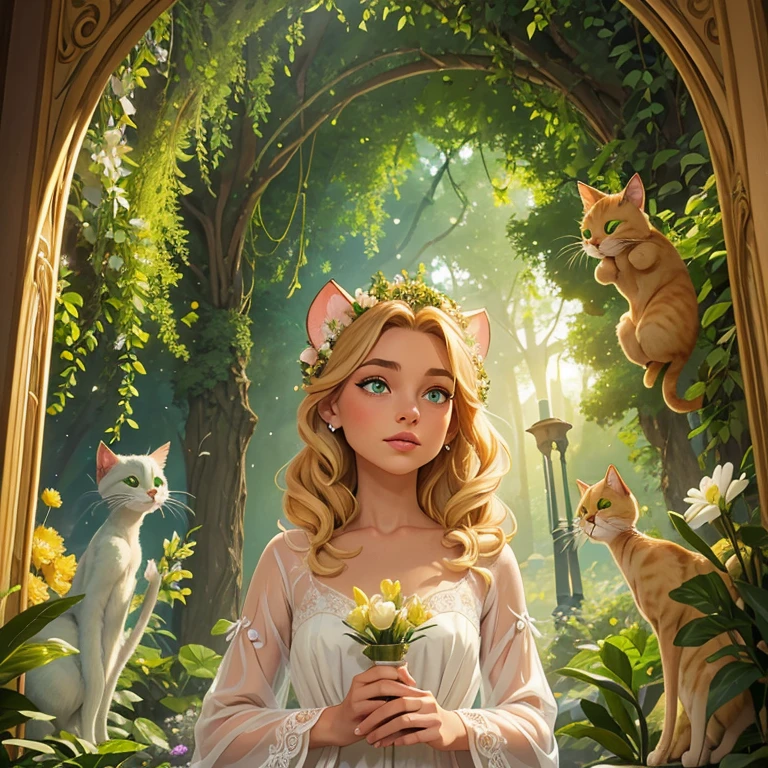 Femme féerique au yeux vert avec des oreilles de chats, cheveux lisse et brun au reflets blonds, longue robe féerique, un petit chat (animal) dans les bras, couronnes de fleur, décors verdoyants et magiques , ensoleillé, fleuries