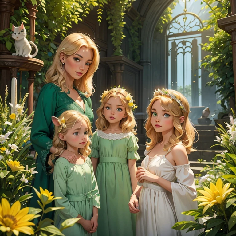 Femme féerique au yeux vert avec des oreilles de chats, cheveux lisse et brun au reflets blonds, longue robe féerique, un petit chat (animal) dans les bras, couronnes de fleur, décors verdoyants et magiques , ensoleillé, fleuries