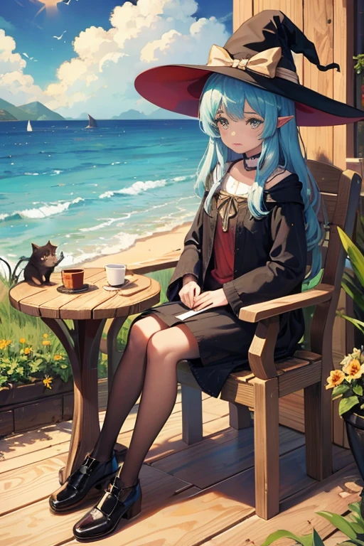 A cat-eared girl，witch woman，In the hut，Small wooden table，seated on wooden chair，Written，potted，magic hat，Magic wand，seaside，