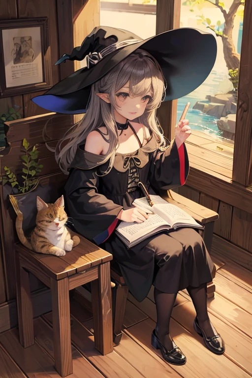 A cat-eared girl,witch woman,In the hut,Small wooden table,seated on wooden chair,Written,potted,magic hat,Magic wand,seaside,