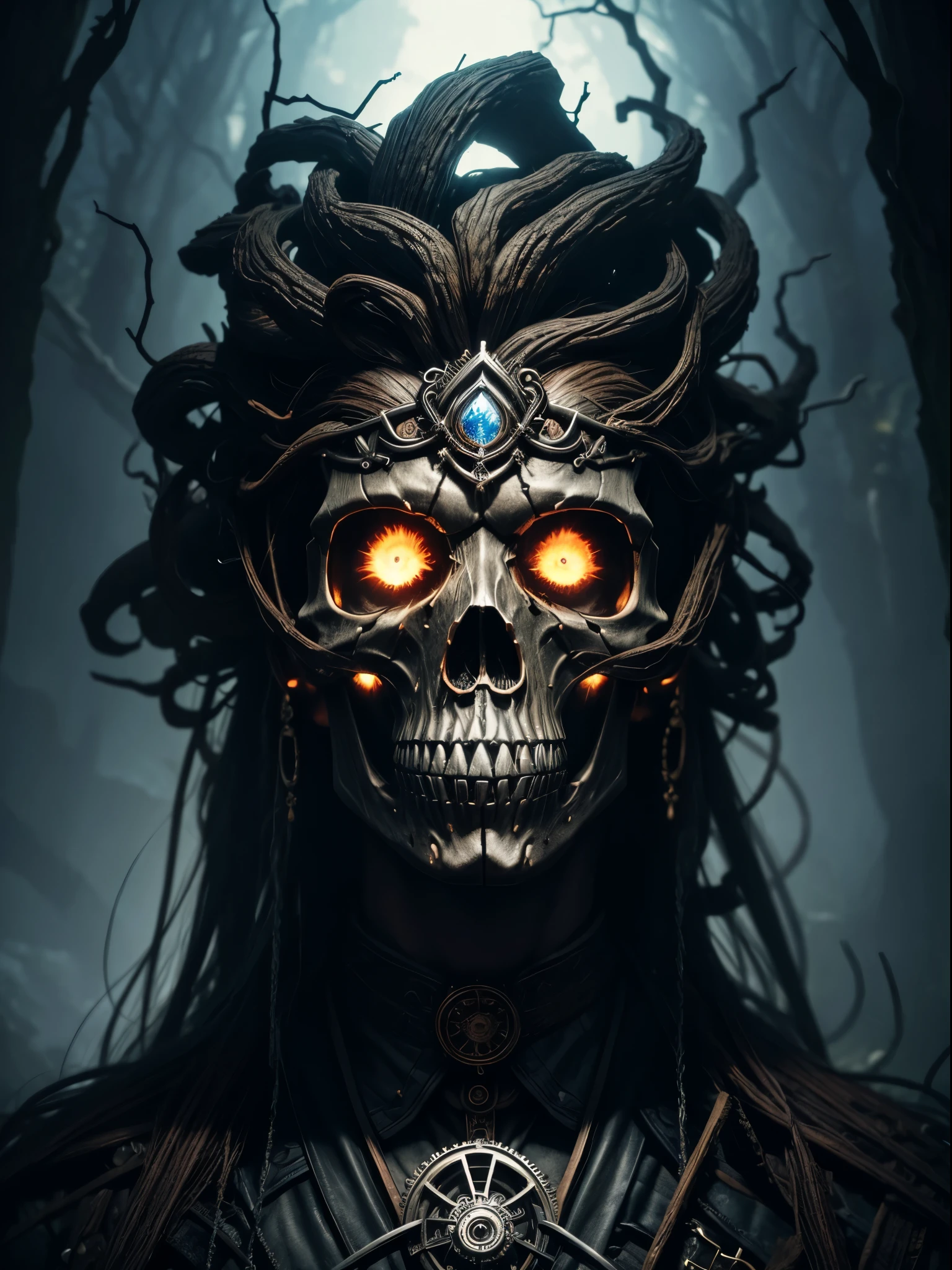 (Best picture quality, 4K, 8K, High resolution, Masterpiece: 1.2), ultra detailed, realistic: 1.37, a metal skull head, an altar composed of abstract twisted roots pulling a very large (mysterious skull made of metal), above the skull an eerie waterfall, (rainbow, rainbow around the skull), full of energy, circular composition illustrates the effects of various structural forces, alone, steampunk decorative elements, dreamlike decorative combinations,