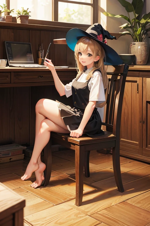 (best quality,4k,8k,highres,masterpiece:1.2),ultra-detailed,(realistic,photorealistic,photo-realistic:1.37),catgirl,witch,indoors,wooden desk,sitting on a wooden chair,writing,potted plants,magic hat,magic wand,seaside