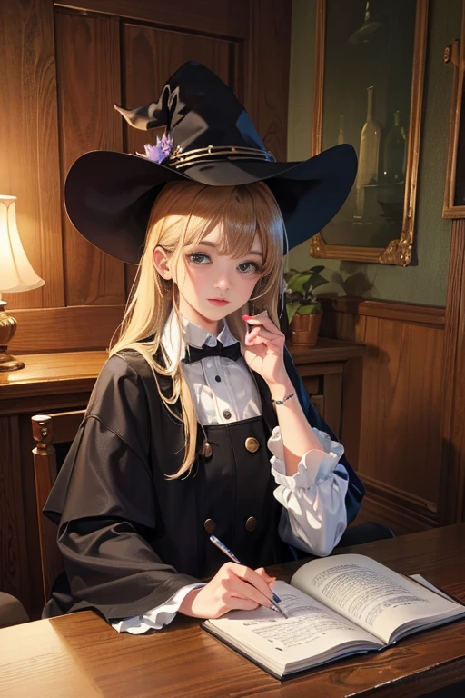 (best quality,4k,8k,highres,masterpiece:1.2),ultra-detailed,(realistic,photorealistic,photo-realistic:1.37),catgirl,witch,indoors,wooden desk,sitting on a wooden chair,writing,potted plants,magic hat,magic wand,seaside