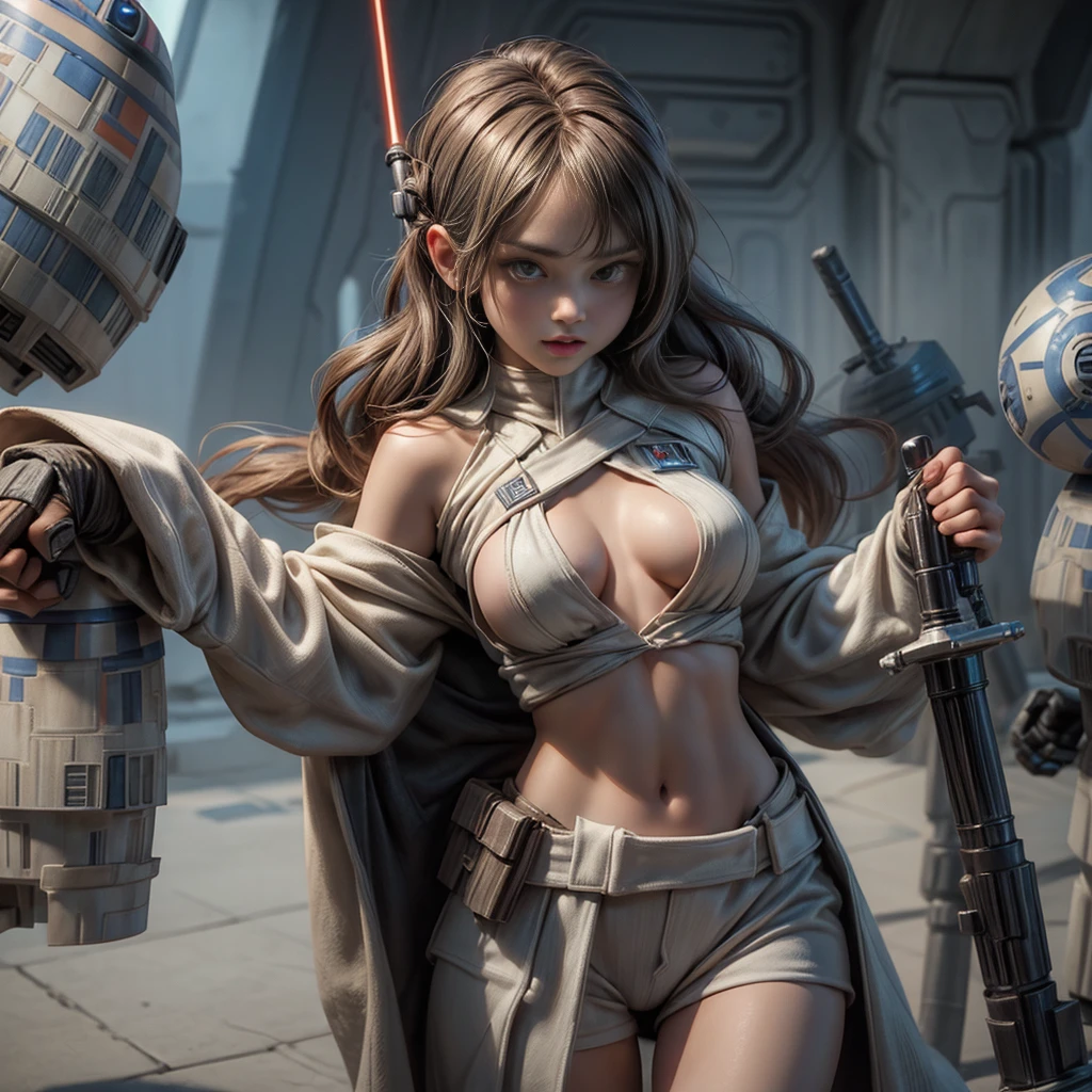 Princess Leia, sailor senshi uniform, ripped clothes, breasts falling out, cluttered magic witch background, Carrie fisher, holding magic wand, 1girl, surprised, astonished, groin lines, thong strap, v line