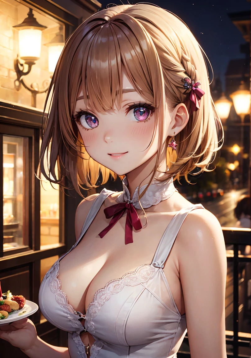 masterpiece, absurdres, best quality, ultra detailed, high Resolution, detailed illustration, extremely beautiful detailed face and eyes, bright colour, 1girl, (), cute face, Delicate beautiful face, magenta eyes, cute eyes, sparkling eyes, big eyes, medium breasts, (perky breasts:1.1), (pointy breasts:1.1), medium hips, glamorous body, white skin, Smile, BREAK, long bob cut, (blonde hair:0.8), messy hair, detailed hair, shiny hair, BREAK casual dress, tiny ribbon, buffet party, fine dining restaurant, Night, real world, natural lights, perfect lighting,
