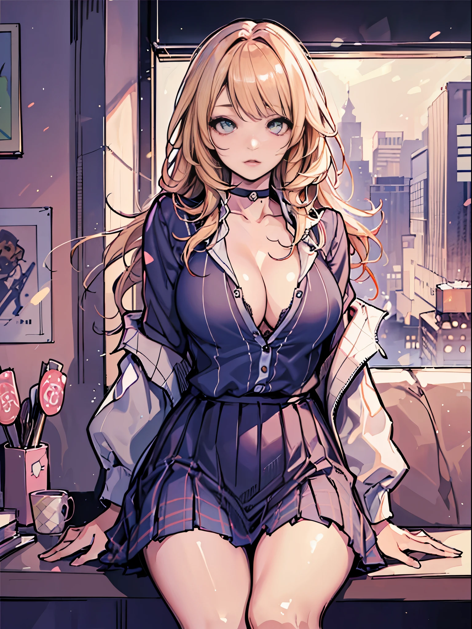 highest quality、masterpiece、Super high resolution、(photoreal:1.4)、1 girl、blonde、Full body Esbian、big and full breasts、Super exposed cleavage、erotic、erotic expression、choker、double eyelid、loose perm、medium long hair、school uniform、mini skirt、JK ribbon、thin, Skinny clothes、perfect five fingers、perfect legs、