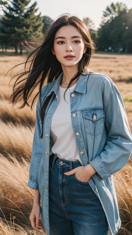 8k, best quality, masterpiece, realistic, ultra detail, photo realistic, Increase quality, 
a photo of a girl standing in a field , photobash, serene faces, natural beauty, cowboy shot shot
