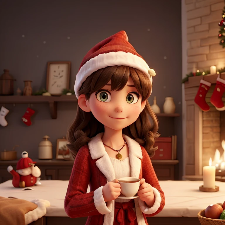 Woman with straight hair of small size with a Christmas hat in the background of a Christmas decor