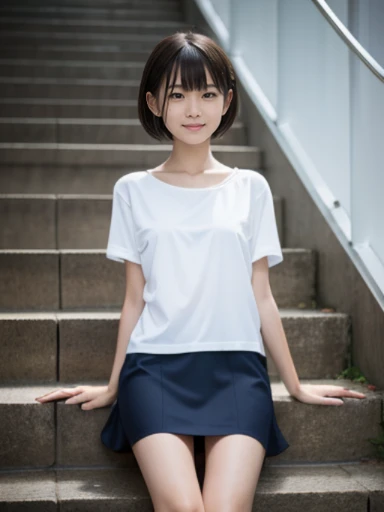 muste piece, Top quality, 8K, 15 years old, japanese girl, slender, Raw photo, absurd, award-winning portraits, (detailed face, shy smile), solo,Navy Blue Sports Mini Dress Swimwear, soaking wet、wet body、short sleeve, soaking wet、wet body、idol face, super mini skirt, slim legs, shoes,  whole body shot from the bottom of the stairs, whole body shot from a Low - Angle, detailed face), refreshing shy smile, slender girl, Golden short-cut hair, dark eyes, whole body, digital single lens reflex, look at the viewer, Frank, sophisticated, like々New, perfect whole body balance, (Low - Angle), professional lighting, (Eye and face details: 1.0), (It&#39;s blurry: 1.1)