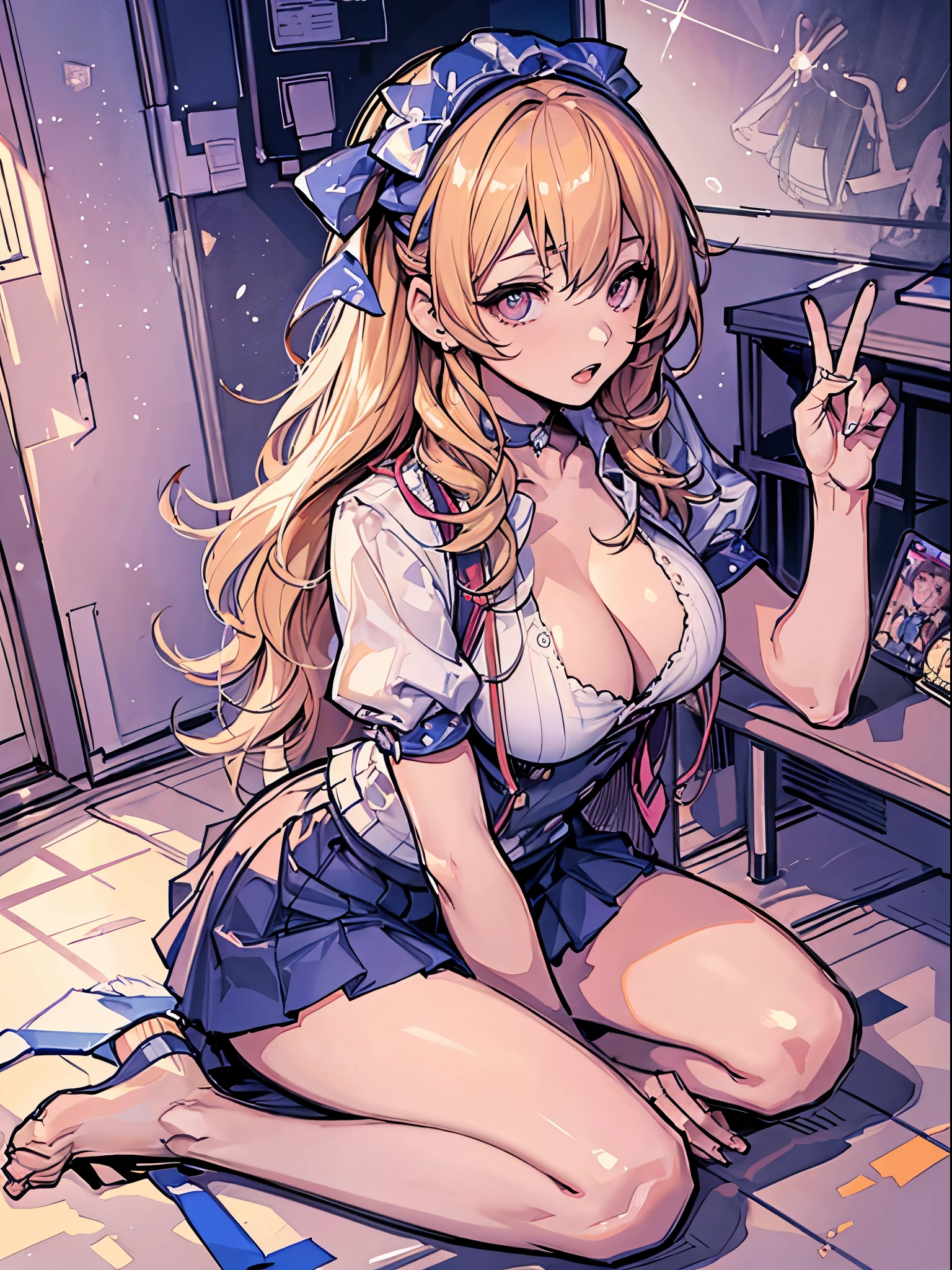 highest quality、masterpiece、Super high resolution、(photoreal:1.4)、1 girl、blonde、Full body Esbian、big and full breasts、Super exposed cleavage、erotic、erotic expression、choker、double eyelid、loose perm、medium long hair、school uniform、mini skirt、JK ribbon、thin, Skinny clothes、perfect five fingers、perfect legs、
