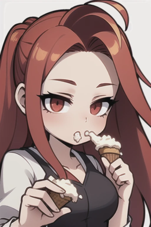 A red  haired girl with red eyes is eating ice cream in the park