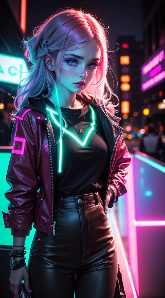 fashion portrait color photograph, woman, neon lights 